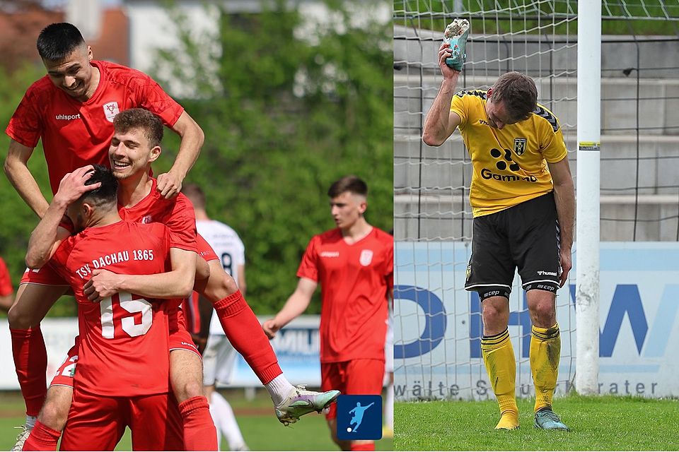 Während der TSV 1865 Dachau - Stand jetzt! - als bester Bayernliga-Tabellenvierzehnter über den direkten Klassenerhalt jubeln dürfte (linkes Bild), müsste die SpVgg Bayern Hof (rechtes Bild) in die Relegation.