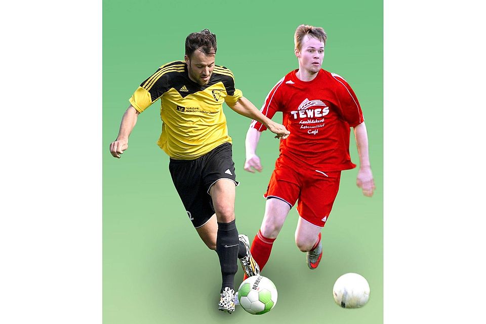 Nord und Süd in einer Staffel: Bezirksliga-Absteiger TuS Sennelager, hier mit Dennis Pospischil (l.), und der SC RW Verne um Kevin Brandt (r.) dürften sich in der Saison 2016/2017 im direkten Duell gegenüberstehen. Fotos: MK/Manu; Montage: Thomas Löhrig