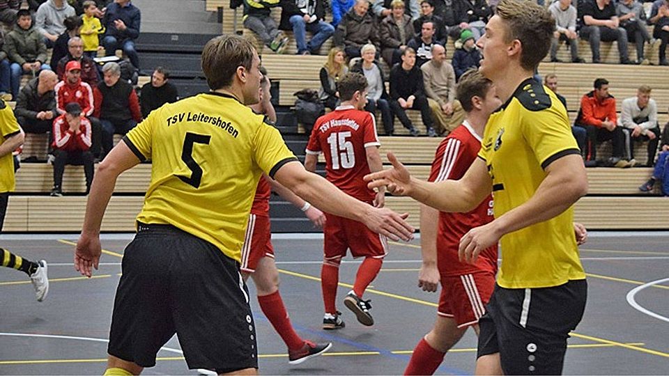 Simon Päsler (rechts) und Markus Bröll waren die Torschützen des TSV Leitershofen beim 3:0-Sieg gegen den TSV Haunstetten.  Foto: Oliver Reiser