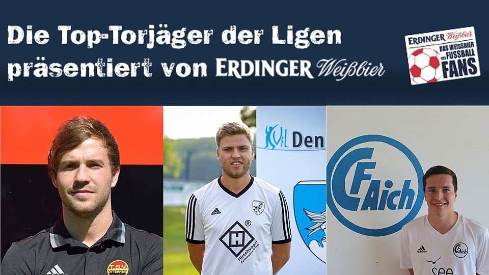 Maximilian Dengler (TSV Otterfing), Simon Ried (VfL Denklingen) und Florian Friedrich (FC Aich) sind die besten Torschützen der Kreisligen Zugspitze.