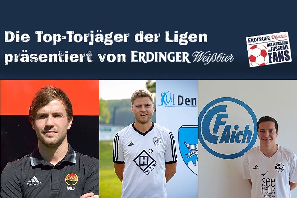 Maximilian Dengler (TSV Otterfing), Simon Ried (VfL Denklingen) und Florian Friedrich (FC Aich) sind die besten Torschützen der Kreisligen Zugspitze.