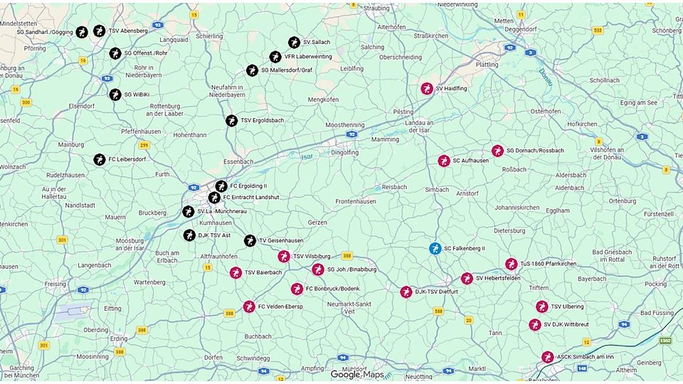 Die geografische Einteilungsübersicht der beiden Kreisligen im Fußballkreis West 