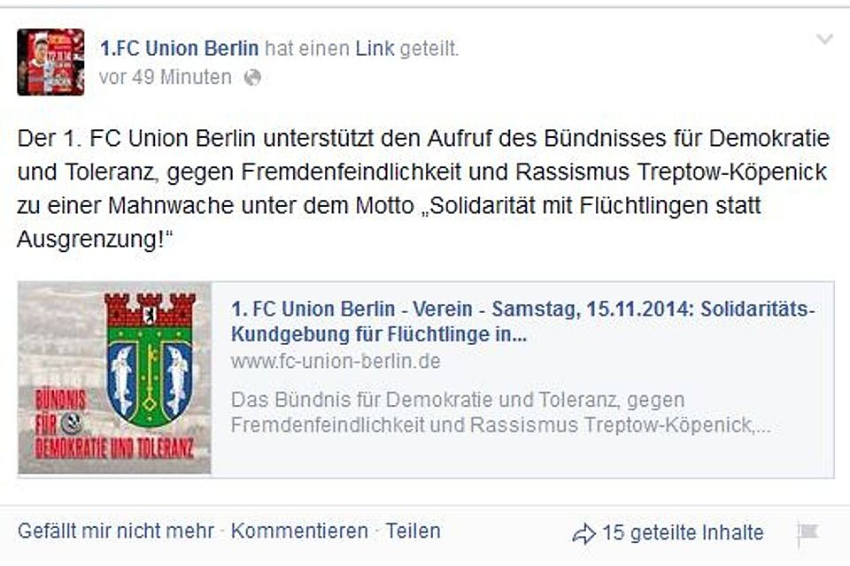 Screenshot Facebook 1. FC Union Berlin