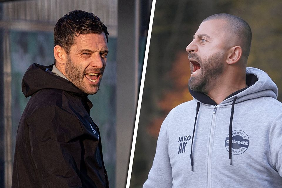 Abdullah Keseroglu (re.) empfängt mit Eintracht Hohkeppel Kevin Kruth (li.) und den Tabellenführer SV Bergisch Gladbach 09.