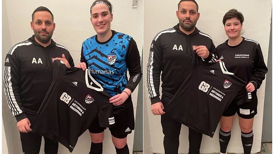 MFFC-Coach Alexander Auer begrüßt die Neuzugänge Faye Riedel (l.) und Michelle Bröckel.