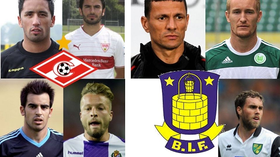 Sie treffen heute im Bayreuther Hans-Walter Wild-Stadion aufeinander: Spartak Moskau (links) mit (im Uhrzeigersinn):Lucas Barrios, Serdar Tasci, José Manuel Jurado und Patrick Ebert sowie Bröndby IF mit (im Uhrzeigersinn) Khalid Boulahrouz, Thomas Kahlenberg und Johan Elmander Fotos: Getty Images (3), Picture Alliance (4)