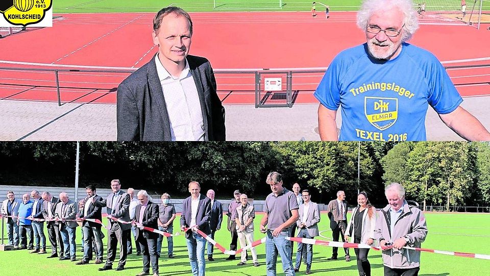 Zeigen sich hochzufrieden mit den Möglichkeiten, die das neue Stadion an der Oststraße ihren Vereinen bietet: Jörg Michiels (l.), Vorsitzender des Kohlscheider BC, und Karl-Heinz Tinnemann, Leiter der Leichtathletik-Abteilung von DJK Elmar Kohlscheid (Bild oben). Allen voran Bürgermeister Christoph von den Driesch (5.v.r.), Sportausschussvorsitzender Thorsten Schlebusch (6.v.r.), Stadtsportverbands-Geschäftsführer Manfred Borgs (l.) sowie Vertreter der Sportvereine durchtrennten das symbolische Flatterband zur offiziellen Eröffnung des umgebauten Stadions Oststraße (Bild unten).