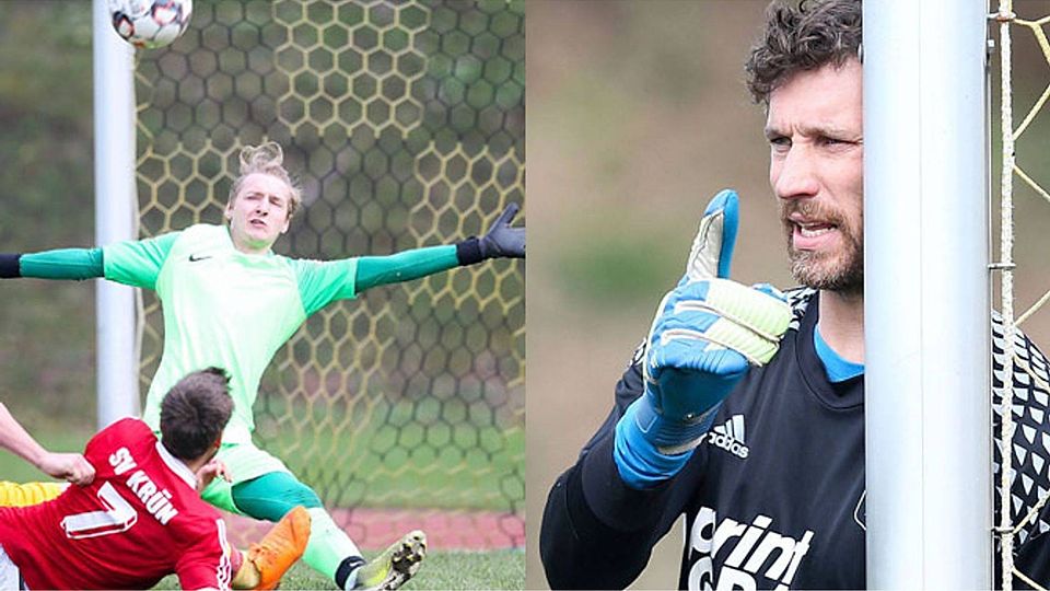 Super Paraden auf beiden Seiten: Die Spieler müssen sich bei ihren Schlussmännern bedanken. Manuel Bichler (l.) bewahrt Bad Kohlgrub vor der Niederlage in der Schlussphase. Constantin Lutz hält für Krün lange die Führung fest.  FOTOS: AM