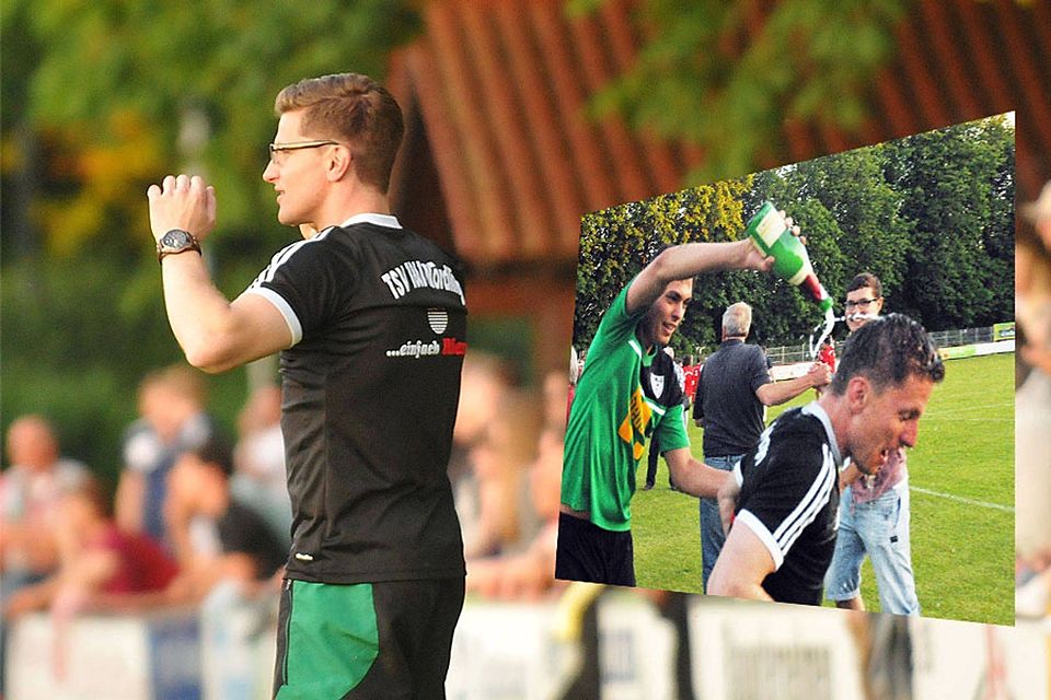 Erst hieß es mitfiebern für David Wittner, nach dem geschafften Bezirksliga-Aufstieg eine Sektdusche für den Trainer des TSV Nördlingen II.   F.: Walter Brugger