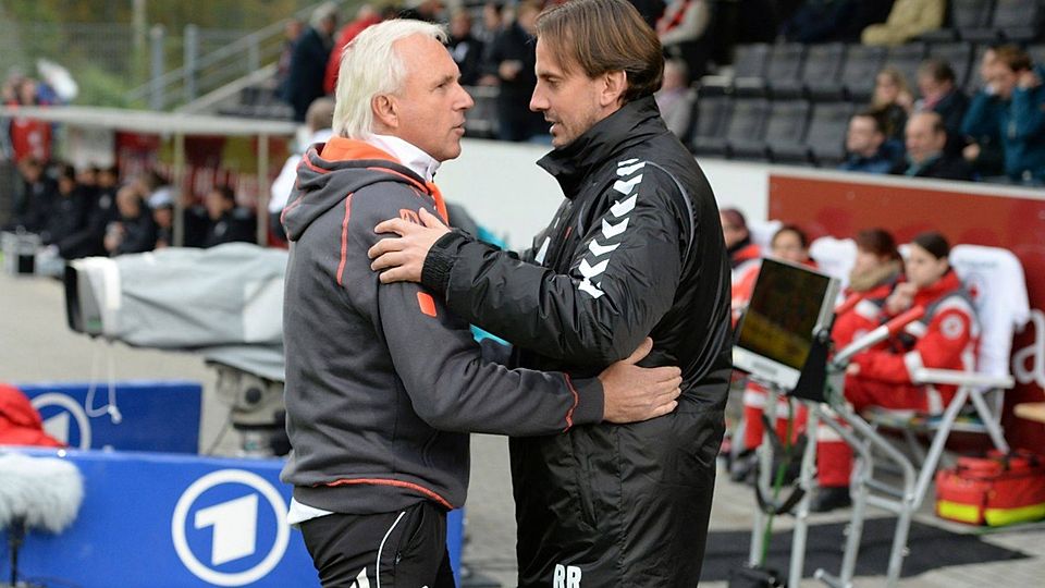Sehen sich morgen wieder: Aalens Trainer Peter Vollmann (links) und Großaspachs Coach Rüdiger Rehm. F: Images