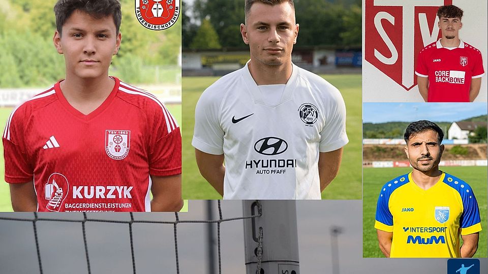 Niklas Henning (l.) liegt in der Torjägerliste der Landesliga Odenwald von Kai Müller (m.) und Kevin Throm (r. oben) sowie Ali Karsli.