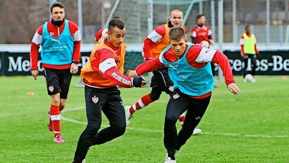 Zwei Talente im Kreis der VfB-Bundesligaprofis: Jerome Kiesewetter (vorne links) und Marvin Wanitzek (re.) Foto: Pressefoto Baumann