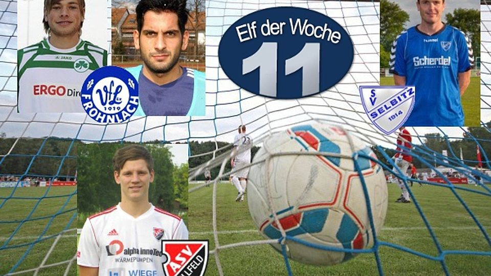 Die vier Oberfranken in der aktuellen FuPa "Elf der Woche" der Bayernliga Nord: Kristian Böhnlein und Tayfun Özdemir vom VfL Frohnlach, Markus Bächer von der SpVgg Selbitz und Hannes Küfner vom ASV Hollfeld.  Fotos: Rinke, SpVgg Greuther Fürth, Meier, Meyer, ASV Hollfeld