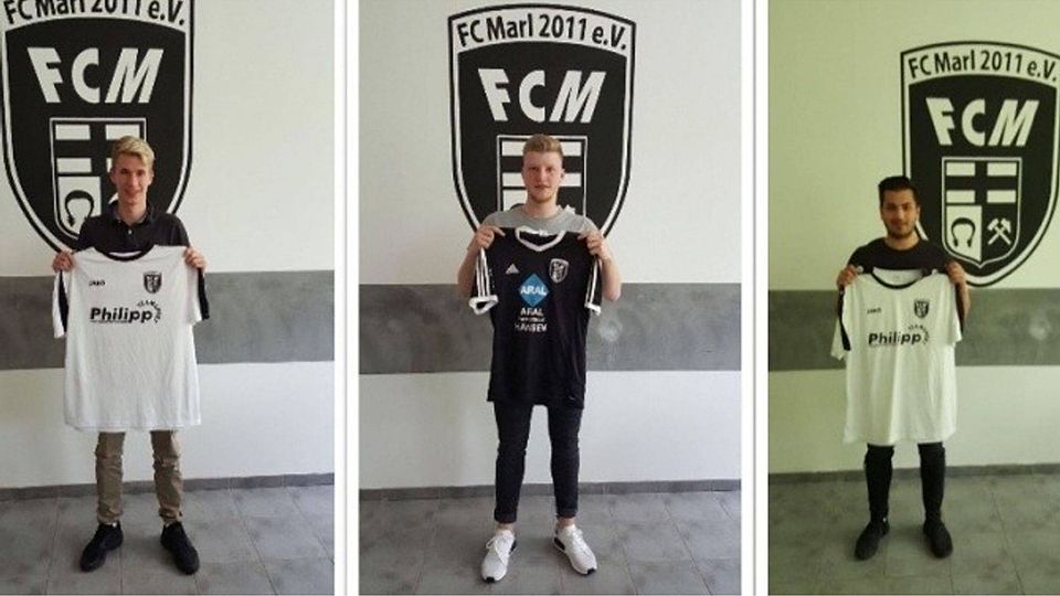 Neuzugänge des FC Marl v. l.: Dominik Lenger, Jan Dörenberg und Berke Korkmaz. Fotos: FC Marl Facebook