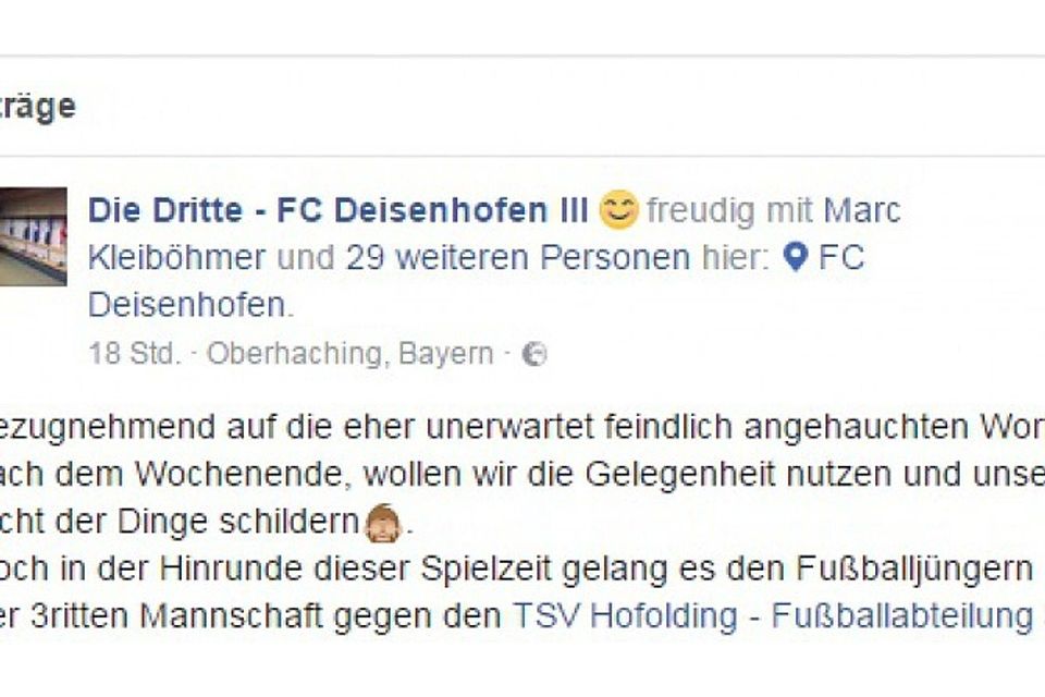 Die Deisenhofener reagieren auf den Satz von Hofolding. Foto: Facebook/Screenshot