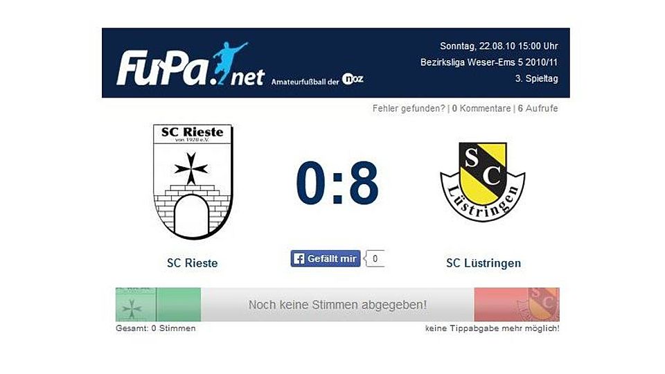 So war es damals: Der Endstand des Spiels am 3. Spieltag in der Bezirksliga Weser-Ems 5 in der Saison 2010/2011