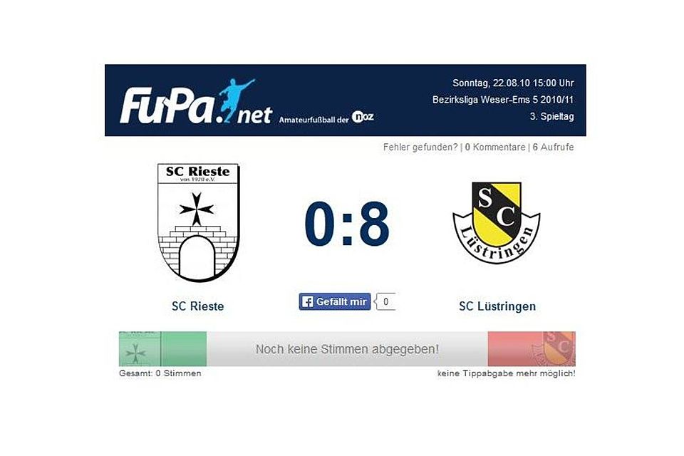 So war es damals: Der Endstand des Spiels am 3. Spieltag in der Bezirksliga Weser-Ems 5 in der Saison 2010/2011