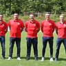 Das Trainerteam des SV Neunkirchen, von links: Marcel Martin (TW-Trainer), Frank Krämer (Co.-Trainer 2. Mannschaft), Florian Horchheimer (Trainer 2. Mannschaft), Florian Müller (Trainer 1. Mannschaft), Dominic Schilling (Co-Trainer 1. Mannschaft)