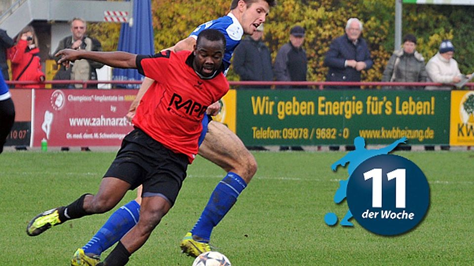 Dachaus Wilson Onyemaeke (vorne, im Spiel beim TSV Rain) erzielte einen Doppelpack im Heimspiel gegen Wolfratshausen und sorgte somit für den ersten TSV-Dreier nach neun sieglosen Partien. F: Jung