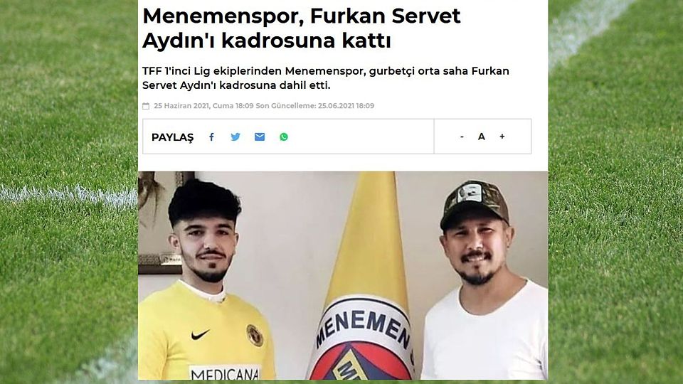 Der türkische Zweitligist Menemenspor hatte Servet Furkan Aydin bereits als Zugang vorgestellt.