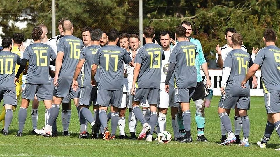 Die Spieler des TSV Geiselbullach klatschen vor dem Spiel mit ihren Gegnern ab.