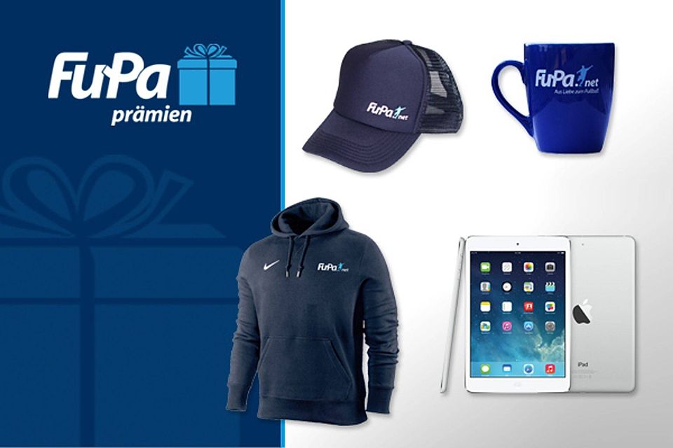 Das FuPa-Cap, die FuPa-Tasse, den FuPa-Hoodie, ein Apple iPad Mini und einiges mehr gibt`s im Prämiensystem zur Auswahl. F: FuPa