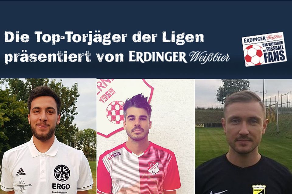 Erkal Üsküplü (Vatanspor Freising), Patrick Mack (FC Tegernbach) und Thomas Bachmaier (FC Hohenpolding, v.l.n.r.) sind die besten Torschützen der Kreisklassen Donau/Isar