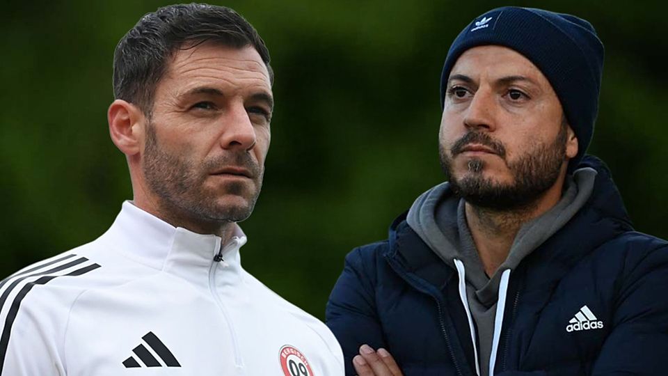 Kennen sich noch aus ihrer Zeit als aktive Kicker: SV-09-Trainer Kevin Kruth (li.) und Bünyamin Kilic, Trainer des SSV Merten (re.)