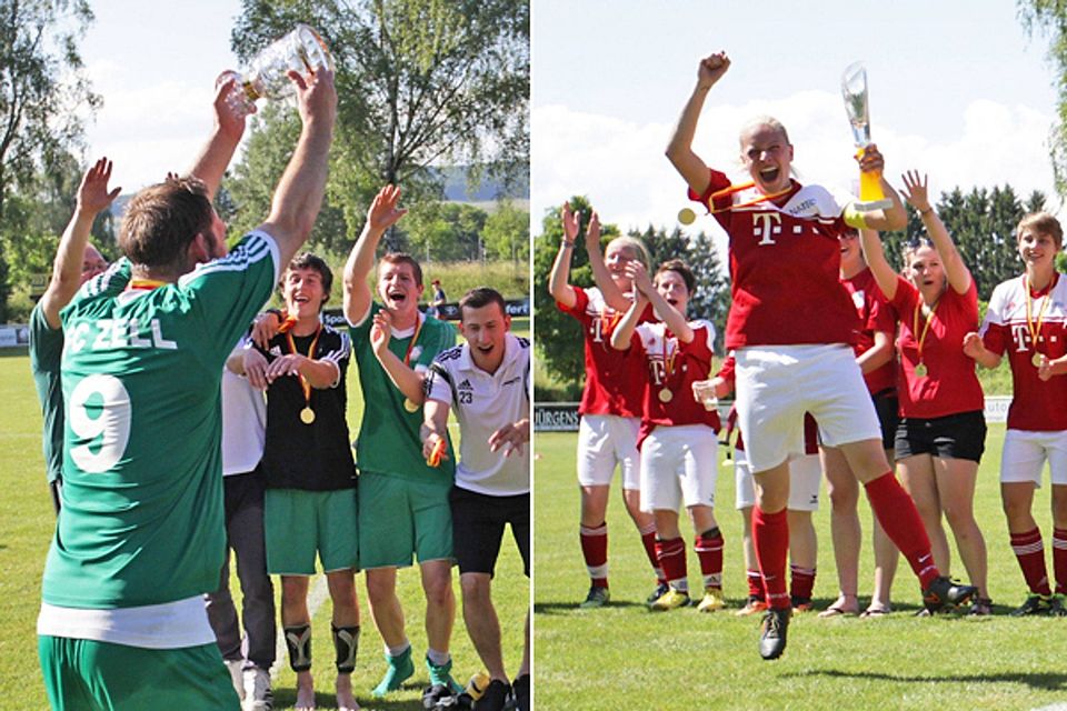 Da ist der Pott! Jubel beim FC Zell (links) und SV Niederhof. | Fotos: Benedikt Hecht und Matthias Konzok