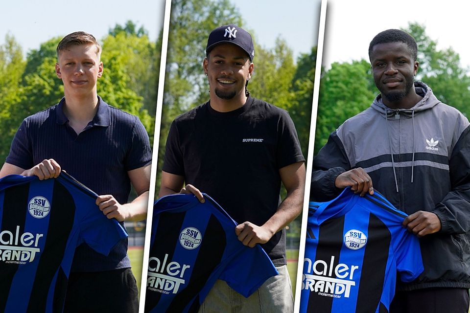 (v.l.) Lukas Struzyna, Joshua Osawe und Richy Massek laufen in der neuen Saison für den SSV Bornheim auf.