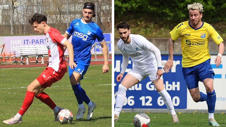 Während der FC Ismaning (links, blau) und der 1. FC Sonthofen (links, rot) weiter um den direkten Klassenerhalt kämpfen, kann der FC Pipinsried (rechts, gelb) im Topspiel gegen den TSV 1860 München II das Meisterschaftsrennen noch einmal neu befeuern.