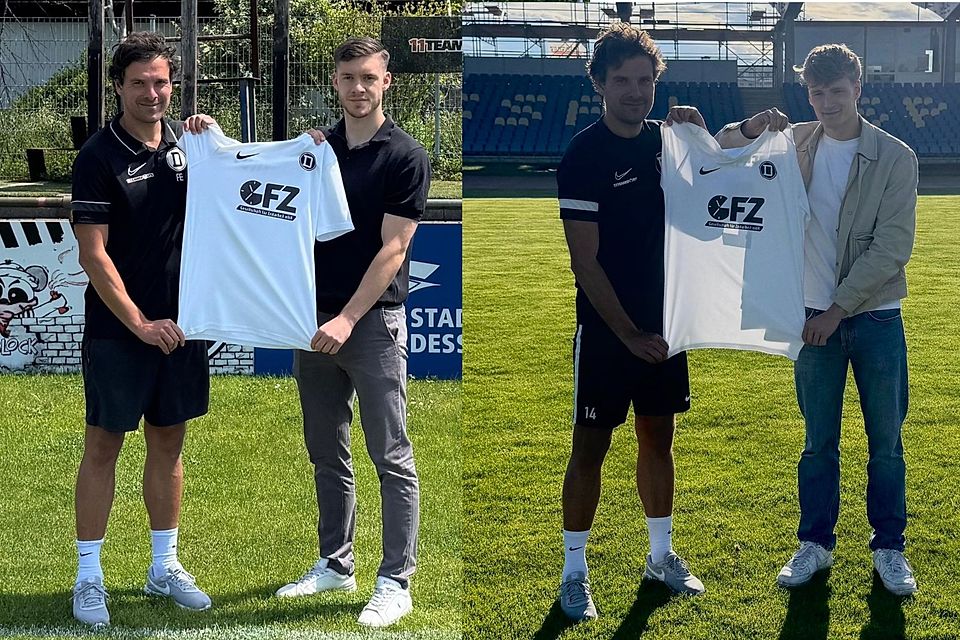 Mit Moritz Singbeil (l.) und Rune-Kjell Litzenberg (r.) hat der SV Dessau 05 die ersten Neuzugänge des Sommers vorgestellt. Mit Moritz Singbeil (l.) und Rune-Kjell Litzenberg (r.) hat der SV Dessau 05 die ersten Neuzugänge des Sommers vorgestellt.