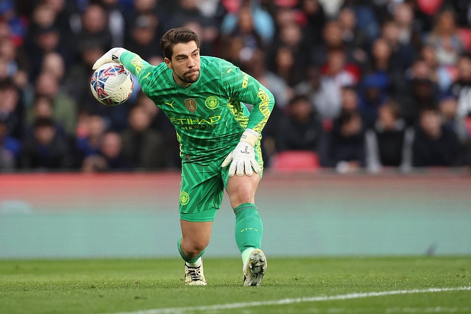 Manchester City v Chelsea - Emirates FA Cup Semi Final Stefan Ortega, goalkeeper of Manchester City passing the ball dur