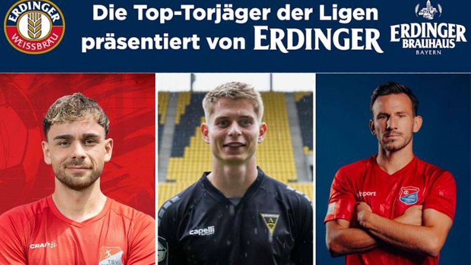 Bayern-Torjäger Anton Heinz (Mi.) hat in der Regionalliga Bayern die meisten Treffer erzielt. Hinter ihm folgen Servero Sturm vom TSV Aubstadt (li.) und Simon Skarlatidis von der SpVgg Unterhaching (re.).