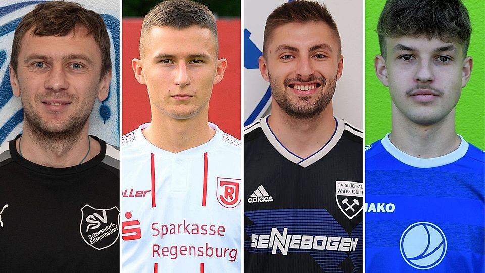 Ein neues Spieler-Quartett beim 1. FC Schwarzenfeld (von links): Dmytro Moroz, Manuel Bartulović, Simon Lorenz und Patrick Schäfer. – Fotos: Fohringer, Maschauer, Carniato, Nachtigall; Montage: Würthele
