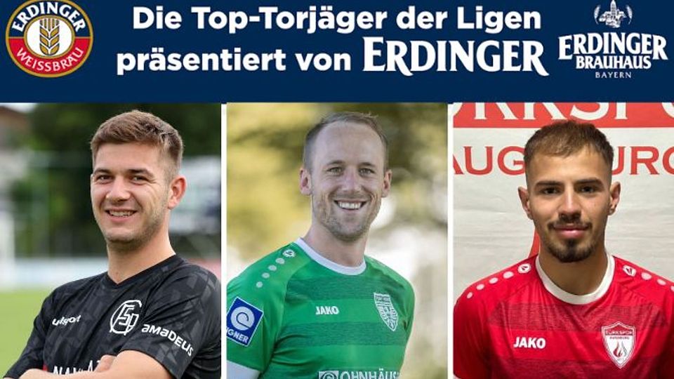 Gruber führt die Torschützenliste der Bayernliga vor Ascher (l.) und Abazi (r.) an.