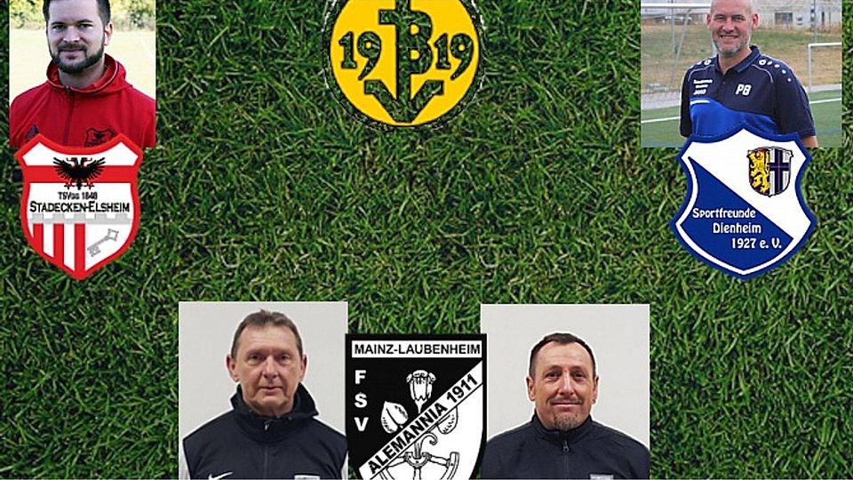 David Wolf (links), Harald Jordan und Udo Schreiber (Mitte) sowie Patrick Grimes (rechts) leiten auch in der kommenden Saison die Geschicke ihrer Mannschaften. Uwe Amberger bleibt Cheftrainer beim FV Budenheim.  F.: Sieben, Mock, Wilhelm