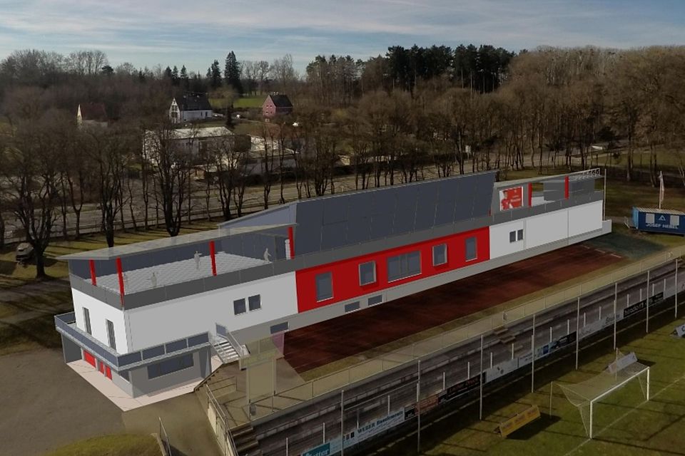 Der aktuelle Entwurf für das neue Multifunktionsgebäude des FC Memmingen: Mit der neuen Dachlösung kann die ganze Fläche mit Photovoltaik genutzt werden. Ziel ist es, das Gebäude energieneutral zu betreiben.