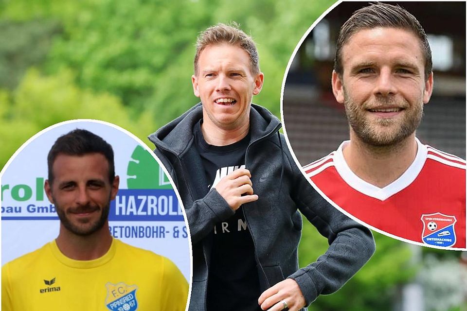 Benjamin Kauffmann (FC Pipinsried, l.) und Dominik Stahl (SpVgg Unterhaching, r.) erinnern sich an ihre gemeinsame Zeit mit dem Spieler Julian Nagelsmann.