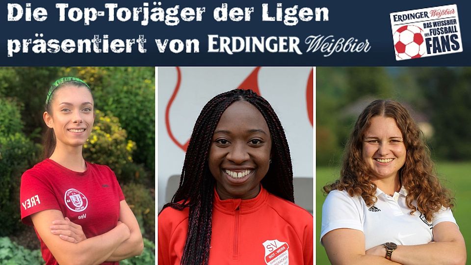 Tomangbe (m.) führt die Torjägerliste in Landesliga Süd an. Verena Graf (l.) und Carina Bauer (r.) gehören mit vier bzw. drei Saisontoren zu den ersten Verfolgerinnen.