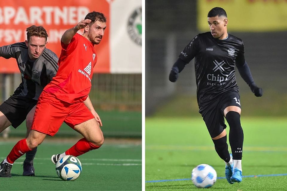 Dribbeln in der kommenden Saison für den FC Türk Kelsterbach: Alim Göcek (links, rotes Trikot) und Estevao Borges.
