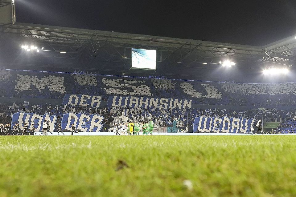 Das Wedaustadion erstrahlt in Blau und Weiß.