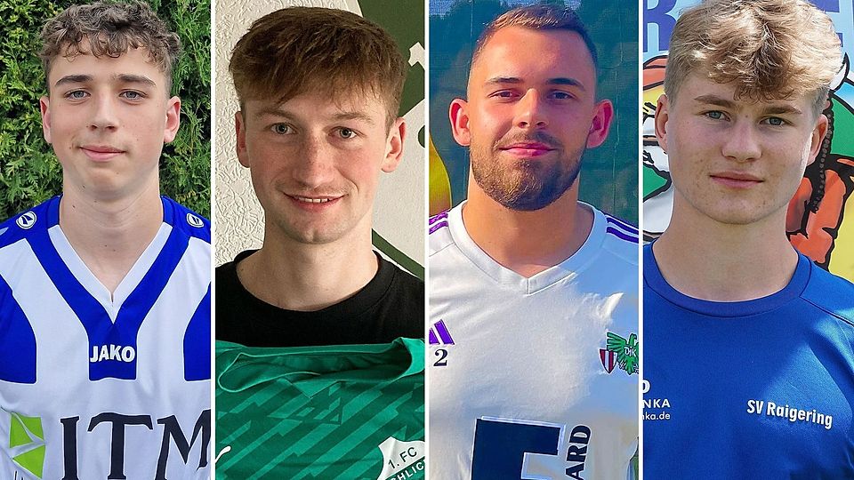 Laufen zukünftig im Trikot des FC Schlicht auf (von links): Maximilian Fellner, Mirco Brunner, Felix Hummel und Kilian Dotzler. – Fotos: Oheim, Hüttner, DJK Ammerthal, SV Raigering