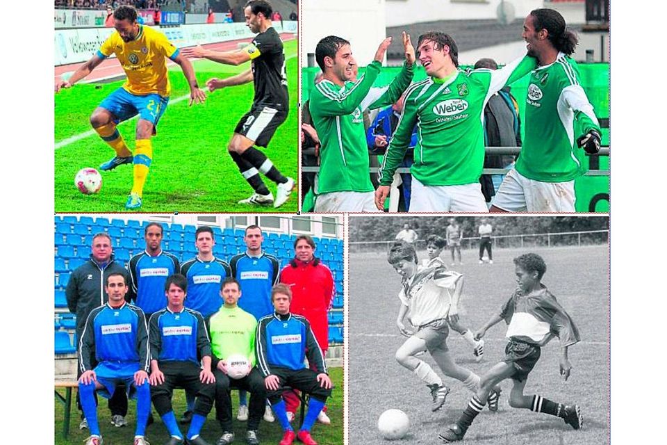 Stationen des Pierre Merkel: Den Karriere-Höhepunkt erlebte er 2012 bei Eintracht Braunschweig (ob. li.), davor trug er 2010 Grün in Waldalgesheim (ob. re.), 2009 Blau bei der Eintracht (un. li.) und startete 1999 in Schwarz-Weiß bei der DJK Adler. Stationen des Pierre Merkel: Den Karriere-Höhepunkt erlebte er 2012 bei Eintracht Braunschweig (ob. li.), davor trug er 2010 Grün in Waldalgesheim (ob. re.), 2009 Blau bei der Eintracht (un. li.) und startete 1999 in Schwarz-Weiß bei der DJK Adler.