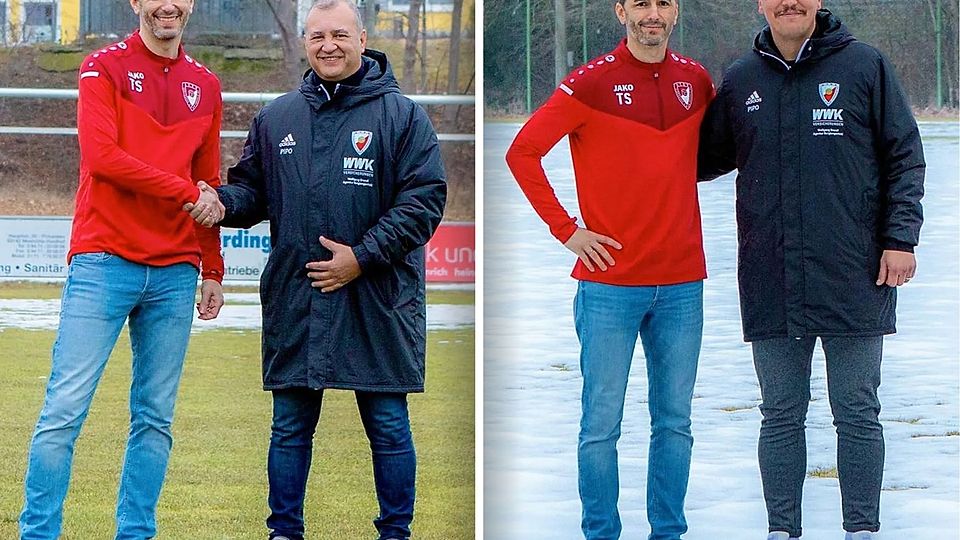 Neue Trainer für den ATSV Pirkensee-Ponholz: Abteilungsleiter Tobias Schiller (rotes Oberteil) mit Askin Ergül (linkes Bild) und Admir Hodzic.