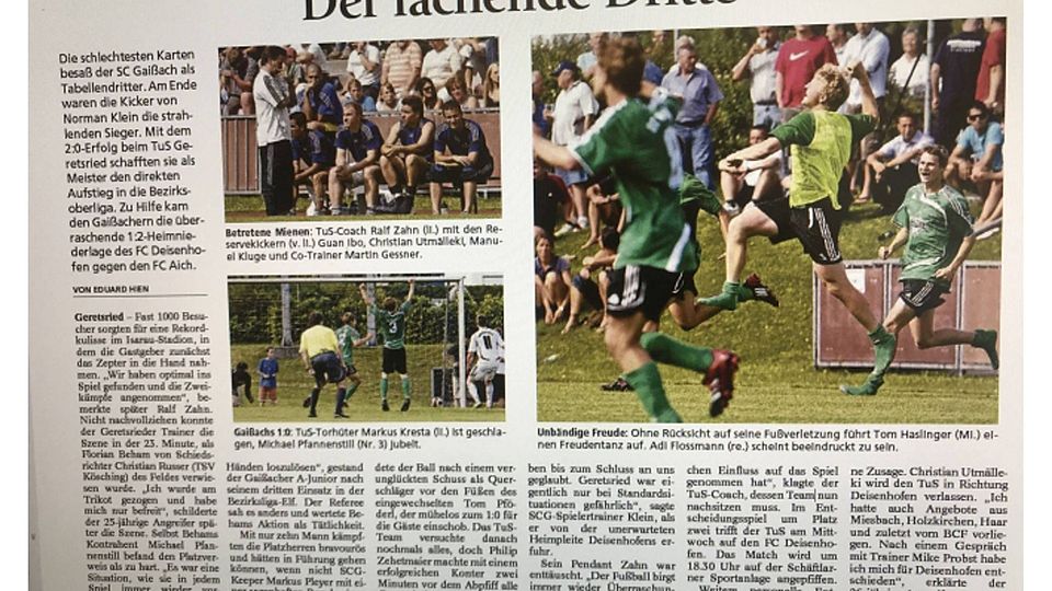 Die Schlagzeile: So berichteten damals Tölzer Kurier/Isar-Loisachbote/Geretsrieder Merkur über den Gaißacher Überraschungs-Aufstieg. MM