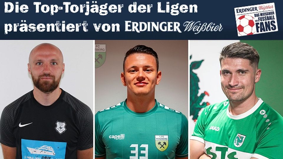 Dominik Bacher (m.) führt die Torjägerliste der Bezirksliga Süd vor Sebastian Bracher (l.) und Georg Kutter (r.) an.