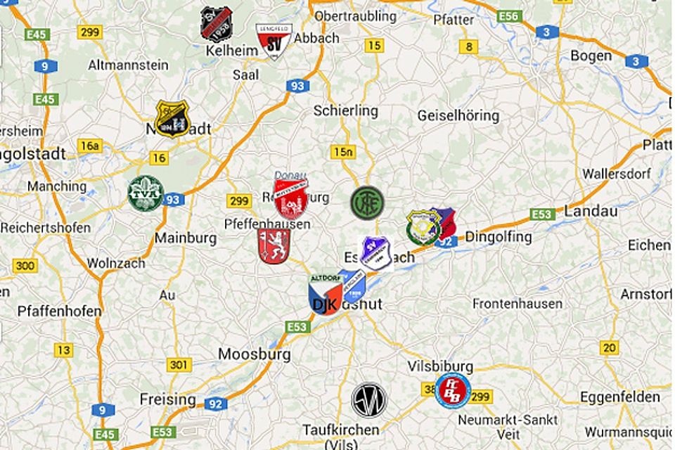 Die Landkartenübersicht der Kreisliga Landshut-Klubs 2014/15