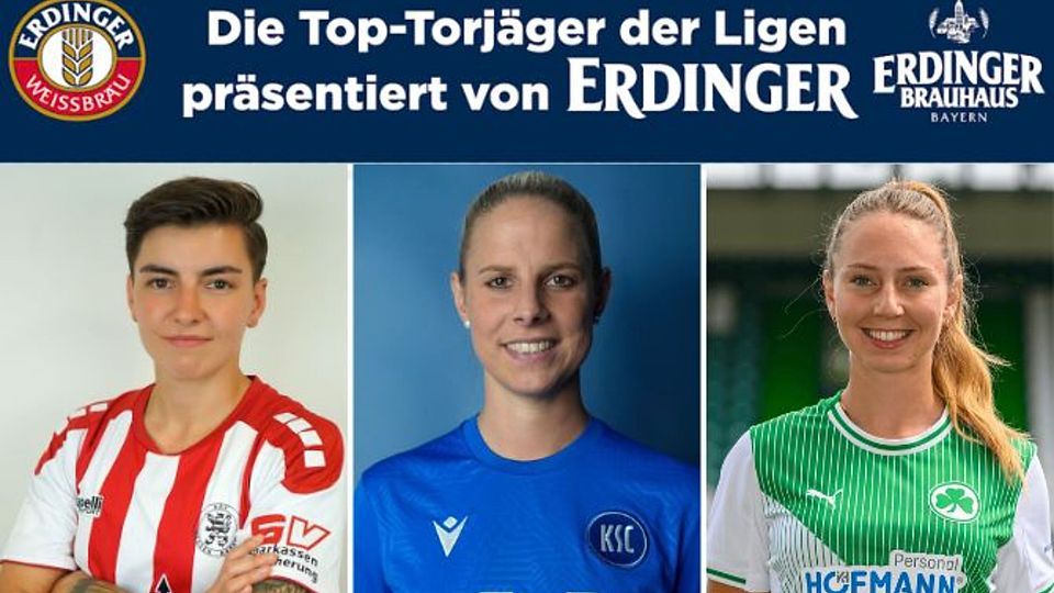 Melissa Zweigner (Mi.) ist die beste Torschützin der Regionalliga Süd. Johanna Hildebrandt (li.) ist auf Platz zwei. Den dritten Platz teilen sich Mathild Dillmann, Daniela Schwarz und Luisa Wölfel (re.). 