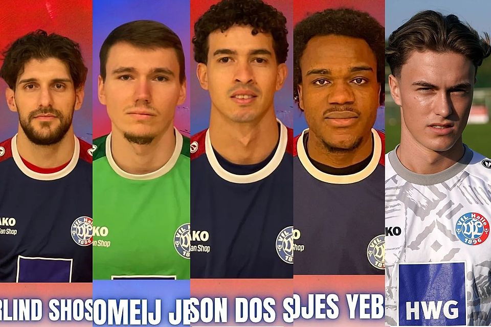 Die neuen Gesichter beim VfL Halle 96: Arlind Shoshi, Bartłomiej Jelonek, Raimison Dos Santos, Godjes Yeboah und Josua Felipe Frühauf (von links).